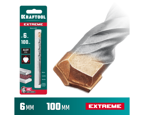 Сверло по бетону Extreme, 6x100 мм, трехгранныйxвостовик KRAFTOOL 29166-100-06