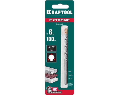 Сверло по бетону Extreme, 6x100 мм, трехгранныйxвостовик KRAFTOOL 29166-100-06