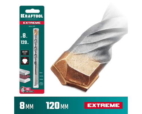 Сверло по бетону Extreme, 8x120 мм, трехгранныйxвостовик KRAFTOOL 29166-120-08