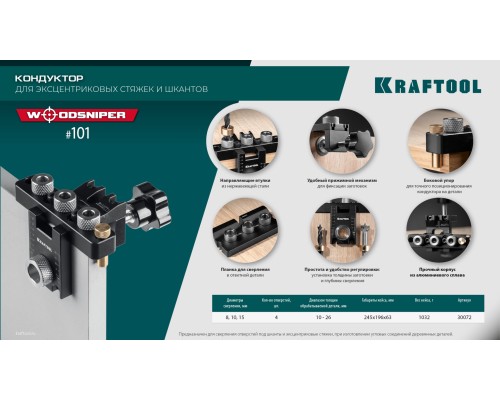 Кондуктор для эксцентриковых стяжек и шкантов "3-в-1" Woodsniper 101 KRAFTOOL 30072