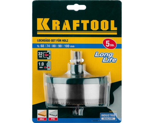 Наборная кольцевая пила по дереву 5 шт., (68-74-80-90-100x32 мм) KRAFTOOL 29584-H5-32