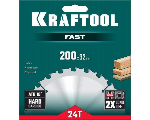 Пильный диск по дереву Fast, 200x32 мм, 24Т KRAFTOOL 36950-200-32 Пильный диск по дереву Fast, 200x32 мм, 24Т KRAFTOOL 36950-200-32