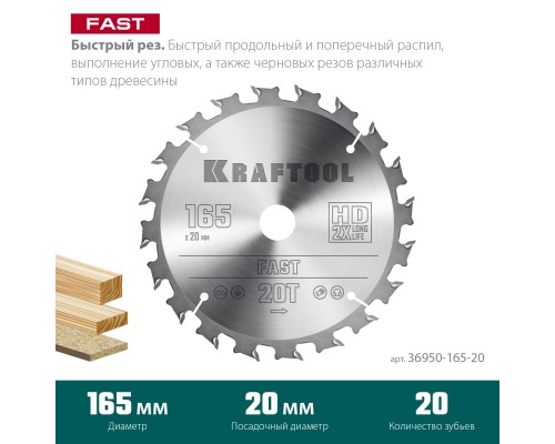 Пильный диск по дереву Fast, 165x20 мм, 20Т KRAFTOOL 36950-165-20