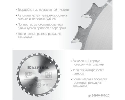 Пильный диск по дереву Fast, 185x 20 мм, 24Т KRAFTOOL 36950-185-20