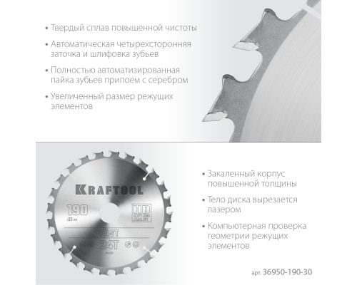 Пильный диск по дереву Fast, 190x30 мм, 24Т KRAFTOOL 36950-190-30