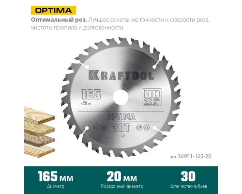 Пильный диск по дереву Optima, 165x20 мм, 30Т KRAFTOOL 36951-165-20