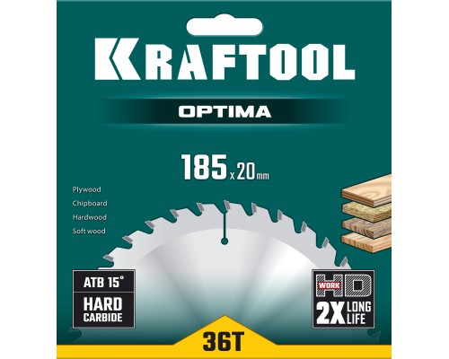 Пильный диск по дереву Optima, 185x20 мм, 36Т KRAFTOOL 36951-185-20