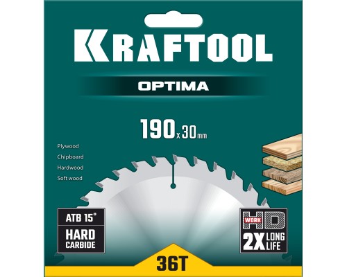 Пильный диск по дереву Optima, 190x30 мм, 36Т KRAFTOOL 36951-190-30