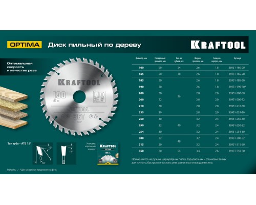 Пильный диск по дереву Optima, 190x30 мм, 36Т KRAFTOOL 36951-190-30