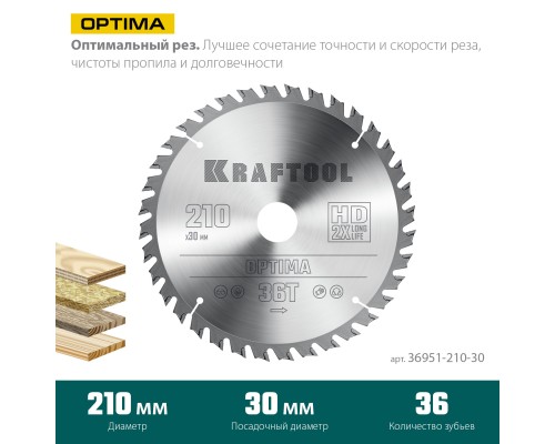 Пильный диск по дереву Optima, 210x30 мм, 36Т KRAFTOOL 36951-210-30