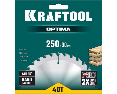 Пильный диск по дереву Optima, 250x30 мм, 40Т KRAFTOOL 36951-250-30