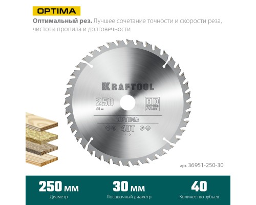 Пильный диск по дереву Optima, 250x30 мм, 40Т KRAFTOOL 36951-250-30