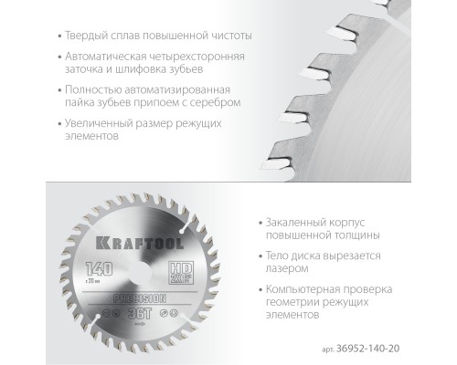 Пильный диск по дереву Precision, 140x20 мм, 36Т KRAFTOOL 36952-140-20