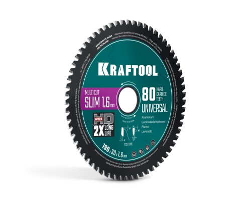 Диск пильный по дереву Slim multi cut 190x30x1.6 мм, 80Т KRAFTOOL 36957-190-30-80