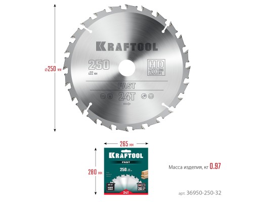Пильный диск по дереву Fast, 250x32 мм, 24Т KRAFTOOL 36950-250-32