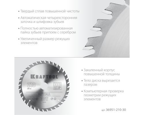Пильный диск по дереву Optima, 210x30 мм, 36Т KRAFTOOL 36951-210-30