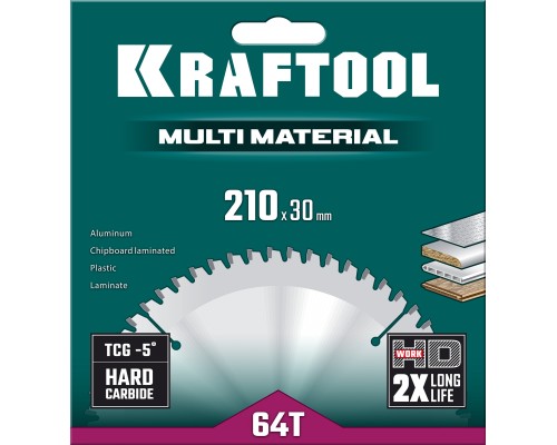 Пильный диск по алюминию Multi Material, 210x30 мм, 64Т KRAFTOOL 36953-210-30