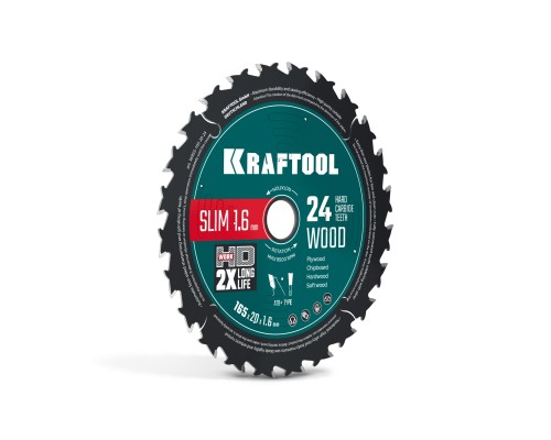 Диск пильный по дереву Slim wood cut 165x20x1.6 мм, 24Т KRAFTOOL 36955-165-20-24