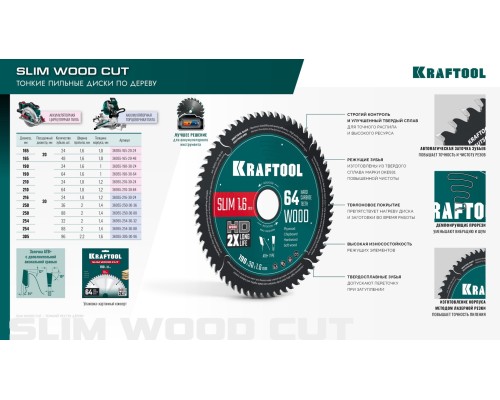 Диск пильный по дереву Slim wood cut 165x20x1.6 мм, 24Т KRAFTOOL 36955-165-20-24