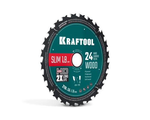 Диск пильный по дереву Slim wood cut 210x30x1.8 мм, 24Т KRAFTOOL 36955-210-30-24