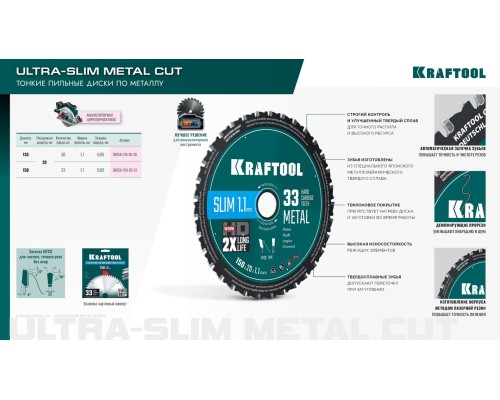 Диск пильный тонкий рез металла Ultra-Slim Metal Cut 150x20x1.1 мм, 33Т KRAFTOOL 36956-150-20-33