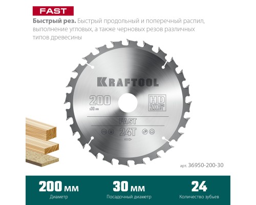 Пильный диск по дереву Fast, 200x30 мм, 24Т KRAFTOOL 36950-200-30