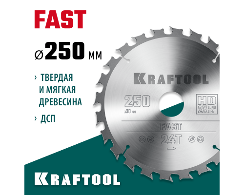 Пильный диск по дереву Fast, 250x30 мм, 24Т KRAFTOOL 36950-250-30