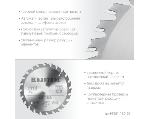 Пильный диск по дереву Optima, 160x20 мм, 24Т KRAFTOOL 36951-160-20