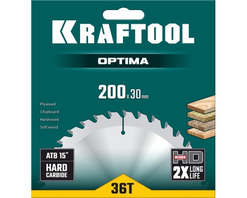 Пильный диск по дереву Optima, 200x30 мм, 36Т KRAFTOOL 36951-200-30