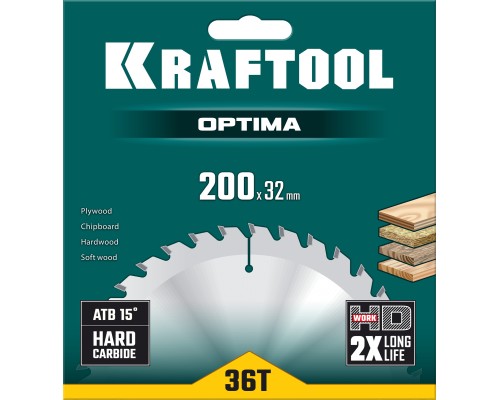 Пильный диск по дереву Optima, 200x32 мм, 36Т KRAFTOOL 36951-200-32