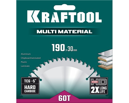 Пильный диск по алюминию Multi Material, 190x30 мм, 60Т KRAFTOOL 36953-190-30