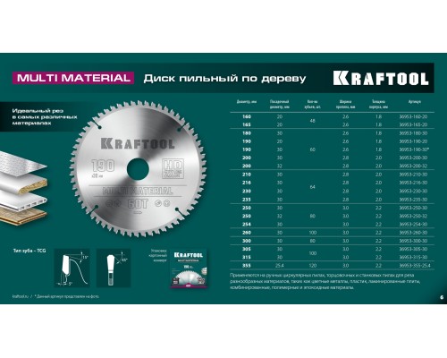 Пильный диск по алюминию Multi Material, 190x30 мм, 60Т KRAFTOOL 36953-190-30