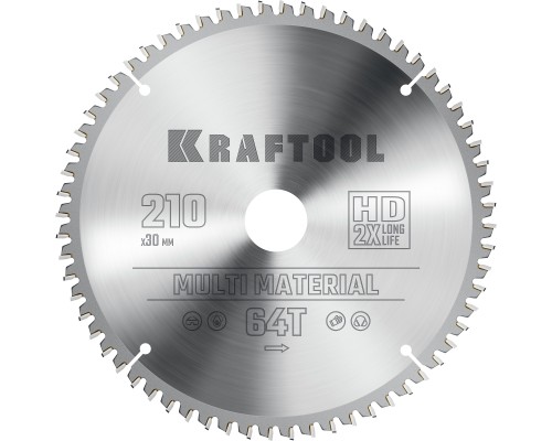 Пильный диск по алюминию Multi Material, 210x30 мм, 64Т KRAFTOOL 36953-210-30