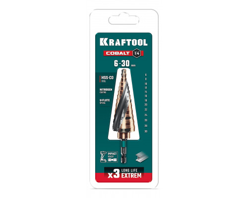 Сверло ступенчатое COBALT 6-30мм, 13 ступеней, азотирование, винтовая спираль KRAFTOOL 29691-6-30-13