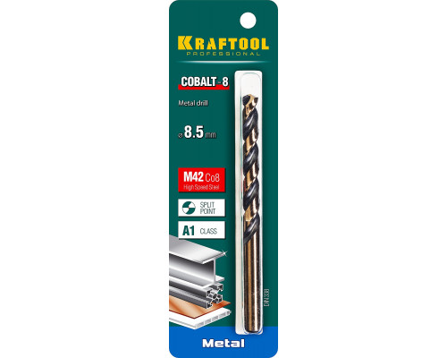 Сверло по металлу COBALT-8, 8.5x117 мм, сталь М42, HSS-Co(8%) KRAFTOOL 29656-8.5