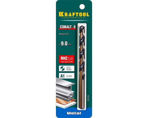 Сверло по металлу COBALT-8, 9.0x125 мм, сталь М42, HSS-Co(8%) KRAFTOOL 29656-9 Сверло по металлу COBALT-8, 9.0x125 мм, сталь М42, HSS-Co(8%) KRAFTOOL 29656-9