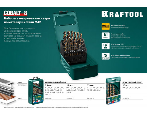 Набор сверл по металлу COBALT-8, 10 шт.,, сталь М42, HSS-Co(8%) KRAFTOOL 29656-H10 Набор сверл по металлу COBALT-8, 10 шт.,, сталь М42, HSS-Co(8%) KRAFTOOL 29656-H10