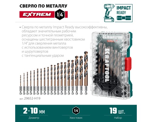 Набор сверл по металлу для винтовертов и шуруповертов IMPACT READY НЕХ-1/4", 19 шт. KRAFTOOL 29652-H19