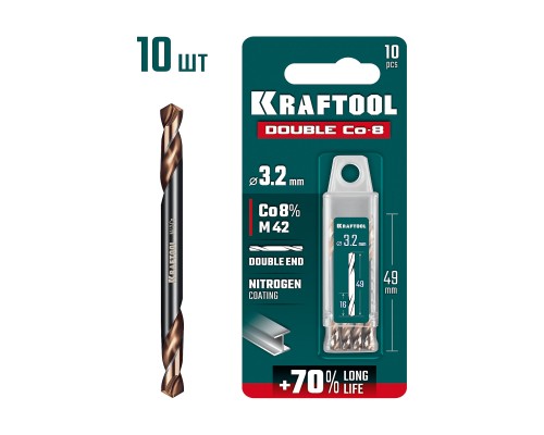 Сверло двухстороннее по металлу сталь M42(+8%Co) класс А DOUBLE Сo-8 3.2х49 мм KRAFTOOL 29654-3.2-10