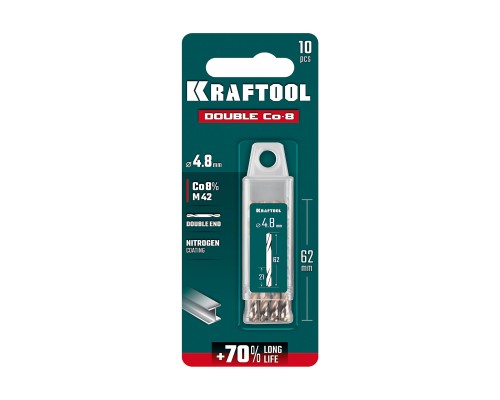 Сверло двухстороннее по металлу сталь M42(+8%Co) класс А DOUBLE Сo-8 4.8х62 мм KRAFTOOL 29654-4.8-10