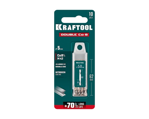 Сверло двухстороннее по металлу сталь M42(+8%Co) класс А DOUBLE Сo-8 5х62 мм KRAFTOOL 29654-5.0-10