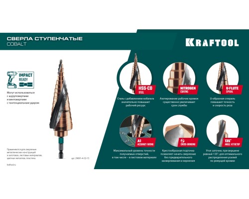 Сверло ступенчатое COBALT 4-32мм, 15 ступеней, азотирование, винтовая спираль KRAFTOOL 29691-4-32-15