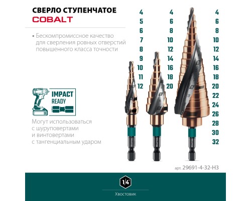 Набор сверл ступенчатых COBALT 3 шт., 4-32мм, азотирование, винтовая спираль KRAFTOOL 29691-4-32-H3