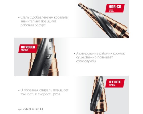 Сверло ступенчатое COBALT 6-30мм, 13 ступеней, азотирование, винтовая спираль KRAFTOOL 29691-6-30-13