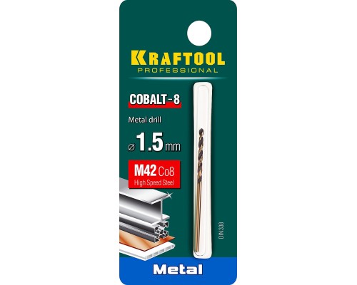 Сверло по металлу COBALT-8, 1.5x43 мм, сталь М42, HSS-Co(8%) KRAFTOOL 29656-1.5