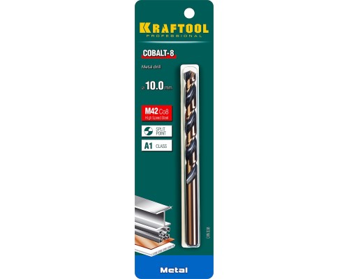 Сверло по металлу COBALT-8, 10.0x133 мм, сталь М42, HSS-Co(8%) KRAFTOOL 29656-10