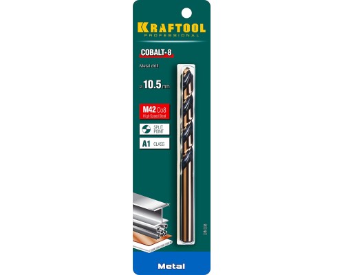 Сверло по металлу COBALT-8, 10.5x133 мм, сталь М42, HSS-Co(8%) KRAFTOOL 29656-10.5