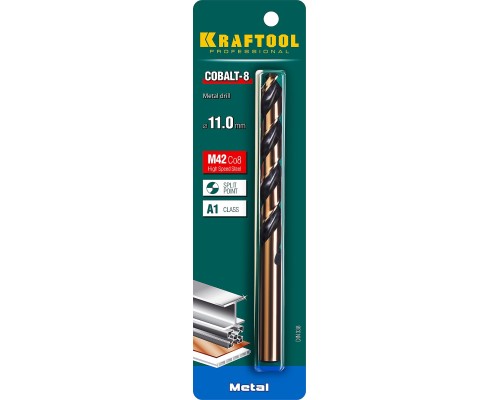 Сверло по металлу COBALT-8, 11.0x142 мм, сталь М42, HSS-Co(8%) KRAFTOOL 29656-11