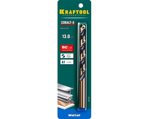 Сверло по металлу COBALT-8, 13.0x151 мм, сталь М42, HSS-Co(8%) KRAFTOOL 29656-13