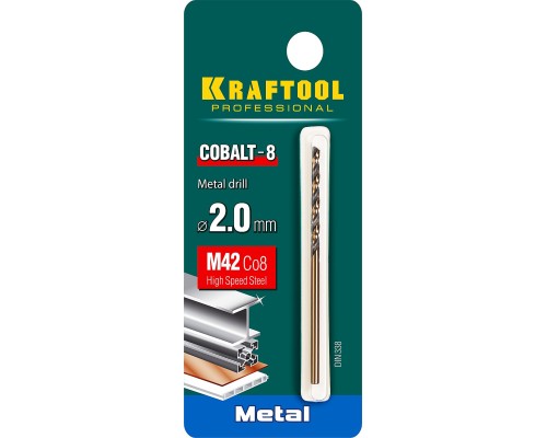 Сверло по металлу COBALT-8, 2.0x49 мм, сталь М42, HSS-Co(8%) KRAFTOOL 29656-2